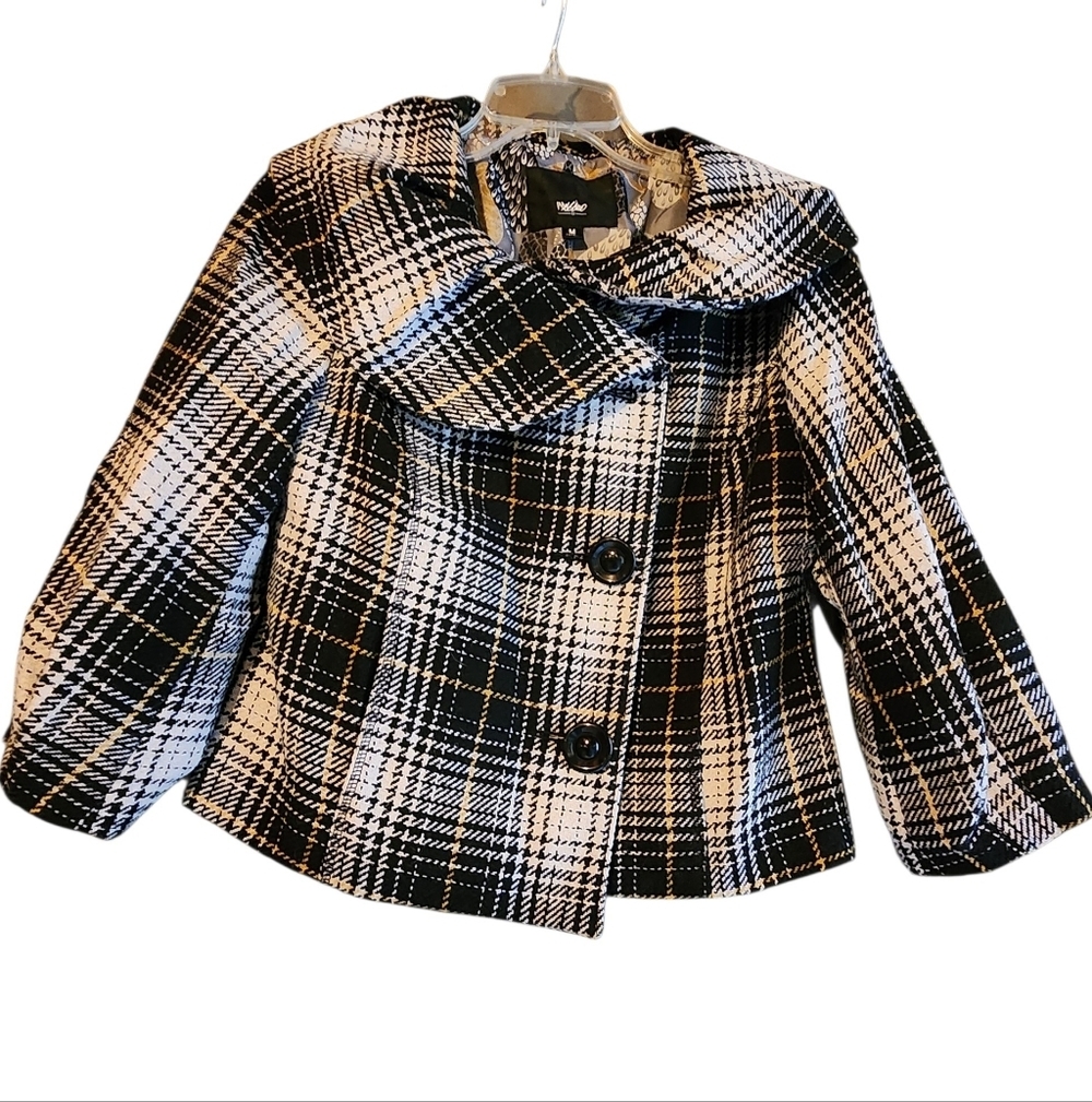 Mossimo Womens Cropped Coat Wool Blend Black White Mustard Plaid Size M